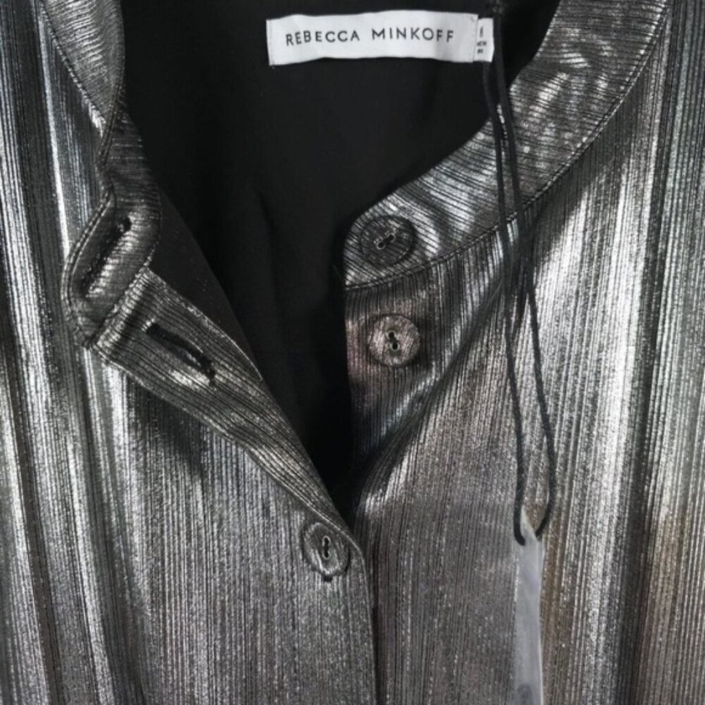 NWT REBECCA MINKOFF OLLIE Gray Silver GUNMETAL Shiny Button Mini Dress MEDIUM - Picture 9 of 16